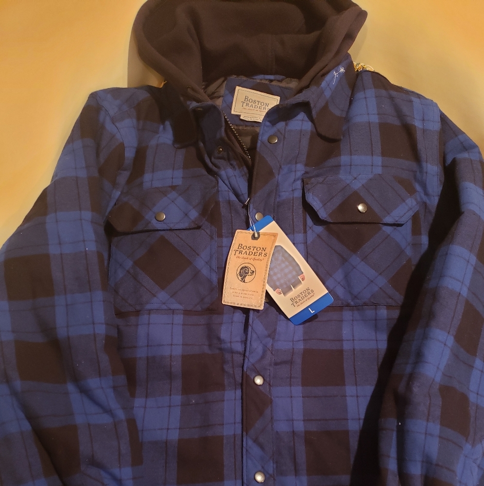 Blue Plaid winter zip/button up jacket with hood